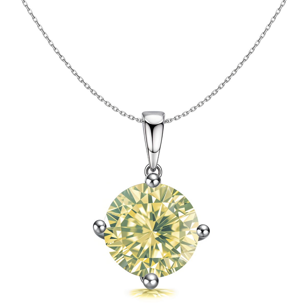 A solitaire pendant necklace with a round, light green peridot stone in a four-prong setting on a sterling silver chain.