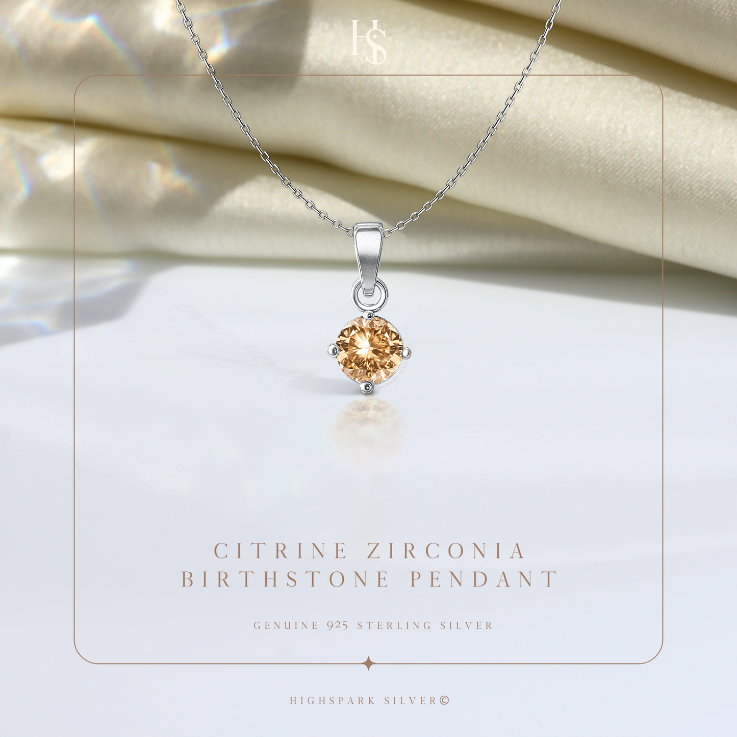 Citrine Zirconia Birthstone Pendant With Chain in 925 Sterling Silver For Women