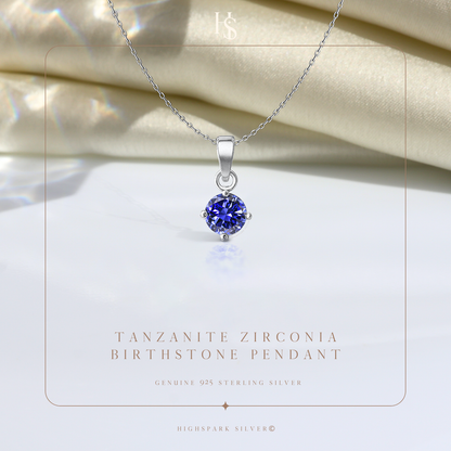 Tanzanite Zirconia Birthstone Pendant With Chain in 925 Sterling Silver For Women