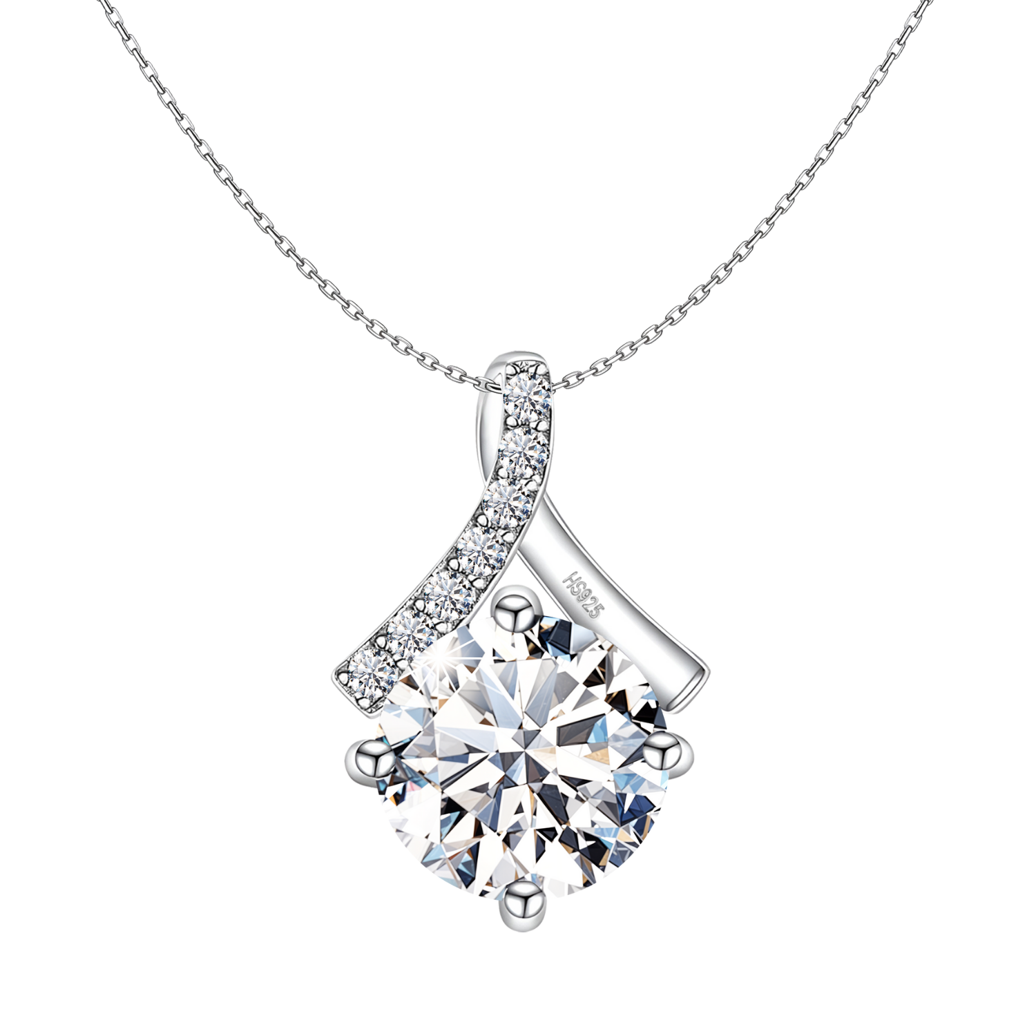 A sterling silver pendant necklace with a large round American diamond in a four-prong setting and a twisted bail paved with smaller stones.