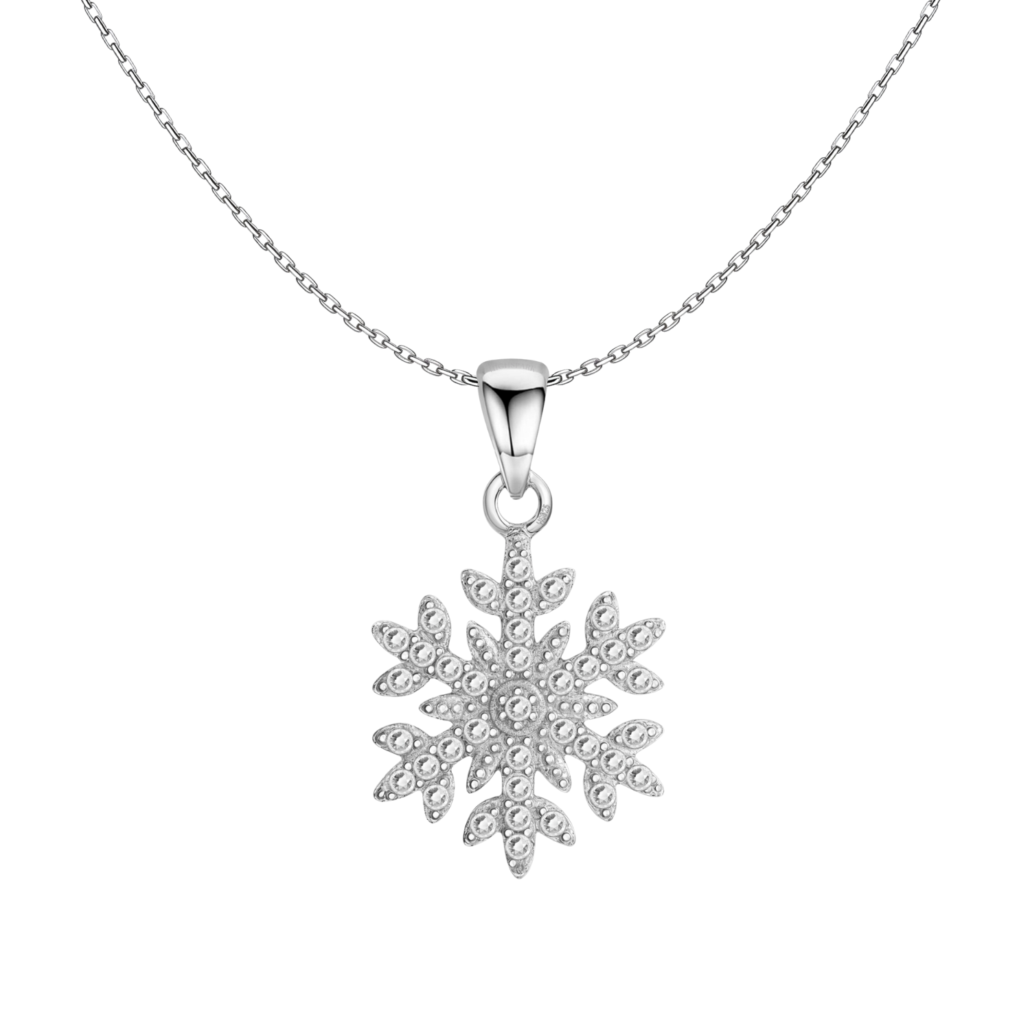 A sterling silver pendant necklace with a snowflake motif pavé-set with tiny American diamonds, shown on a plain white background.