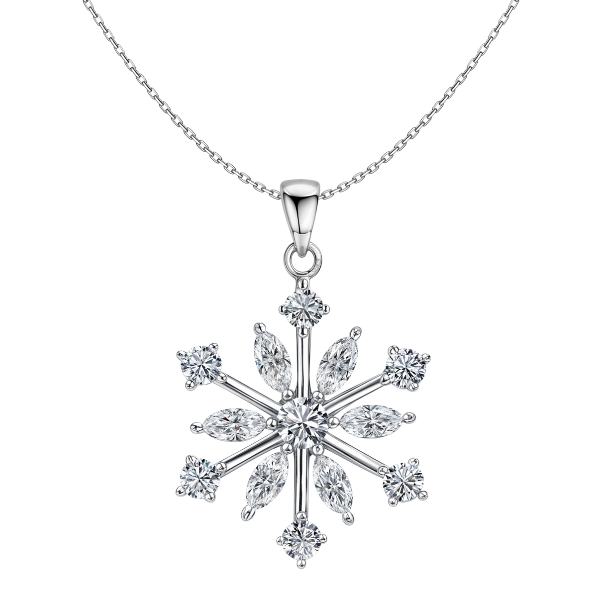 A sterling silver pendant necklace with a snowflake motif featuring marquise and round-cut American diamonds on a plain white background.