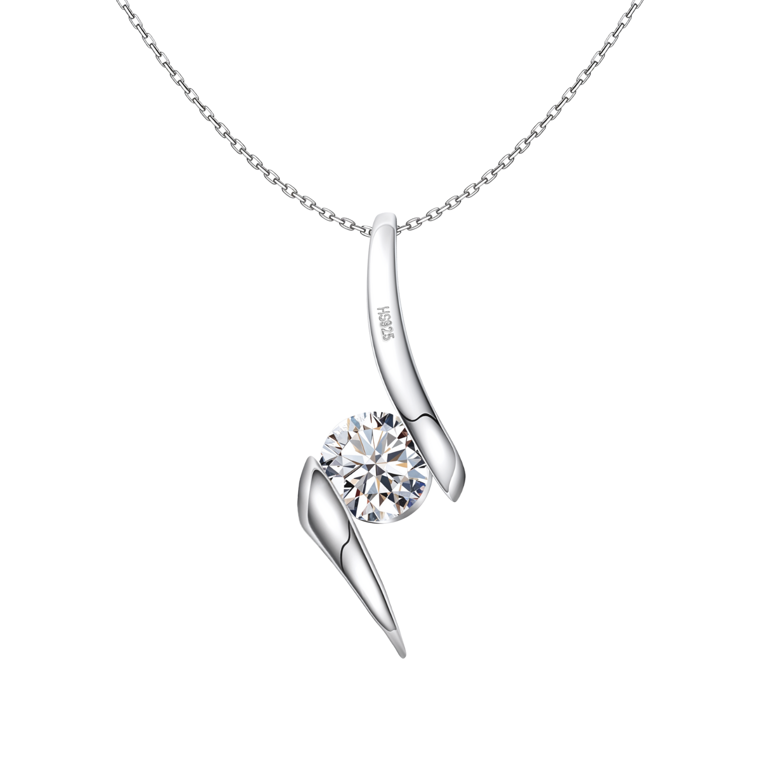 A solitaire pendant necklace with a round American diamond held in a bypass setting by a curved sterling silver design on a plain white.