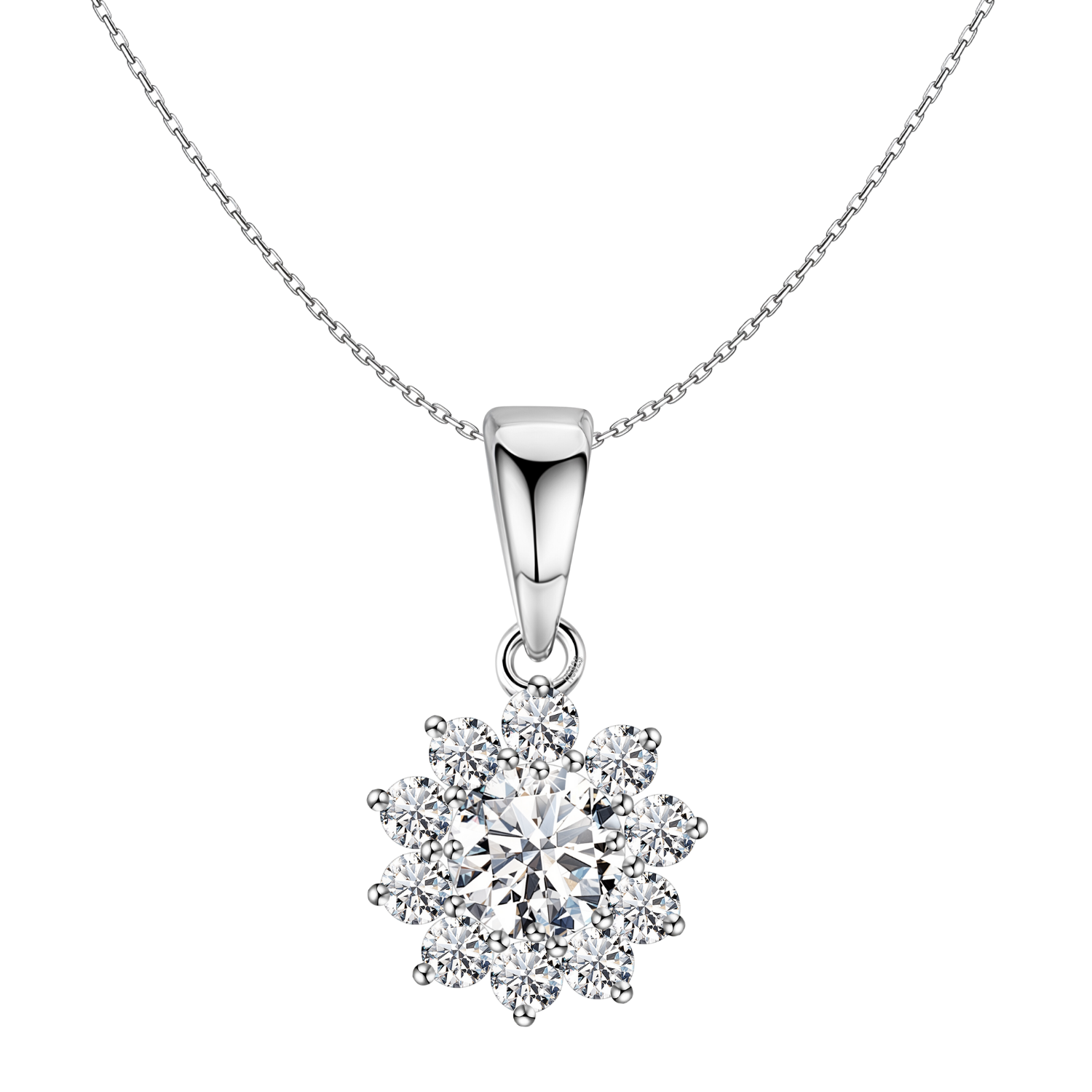 A sterling silver pendant necklace with a flower-shaped cluster of prong-set American diamonds on a plain white background.