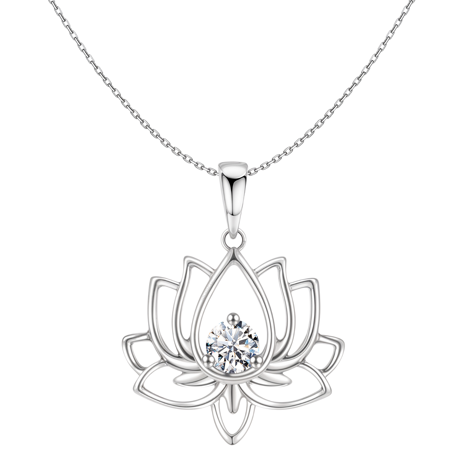 A sterling silver pendant necklace with an openwork lotus flower design holding a central round American diamond on a plain white.