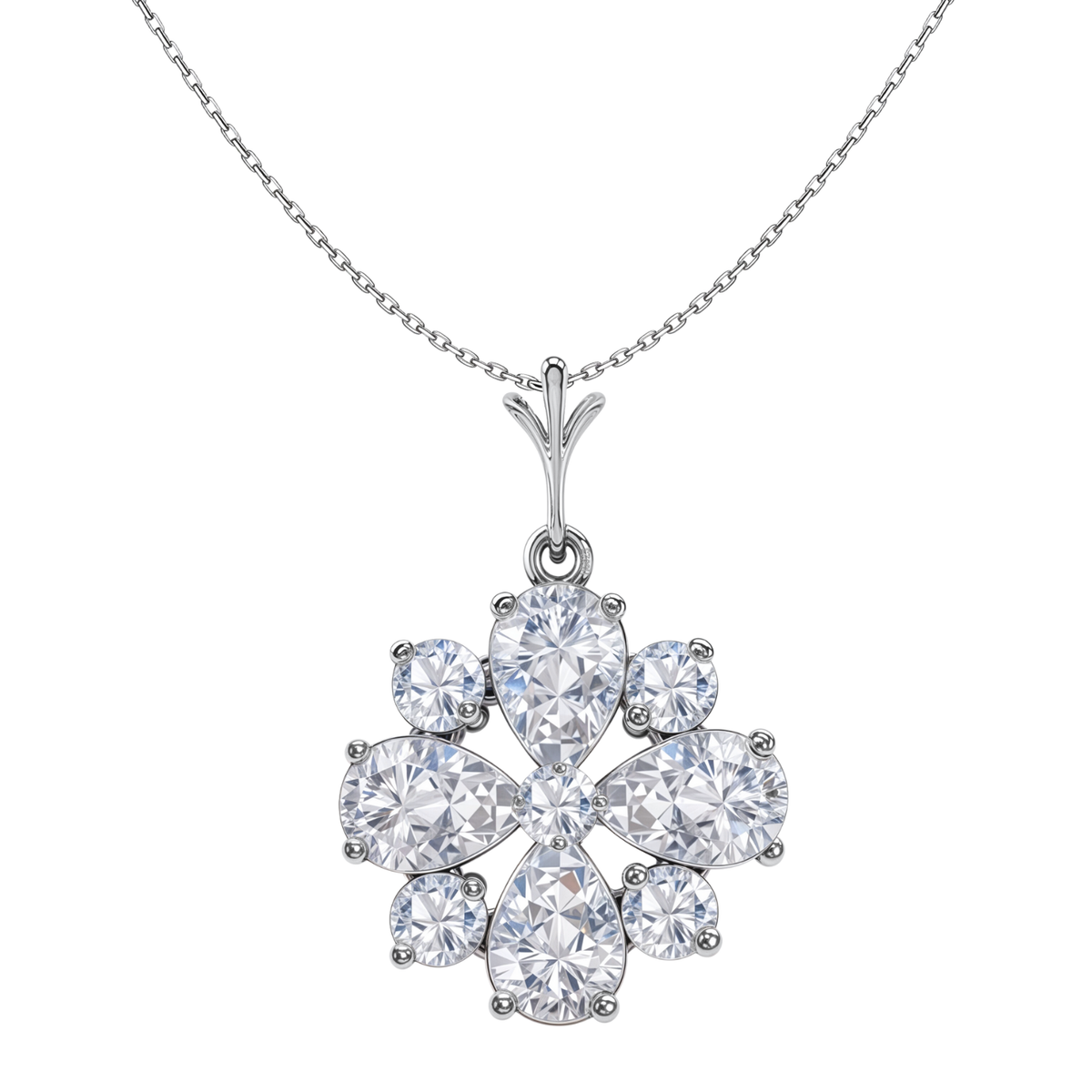 A sterling silver pendant necklace with a floral cluster of pear and round-cut American diamonds on a plain white background.