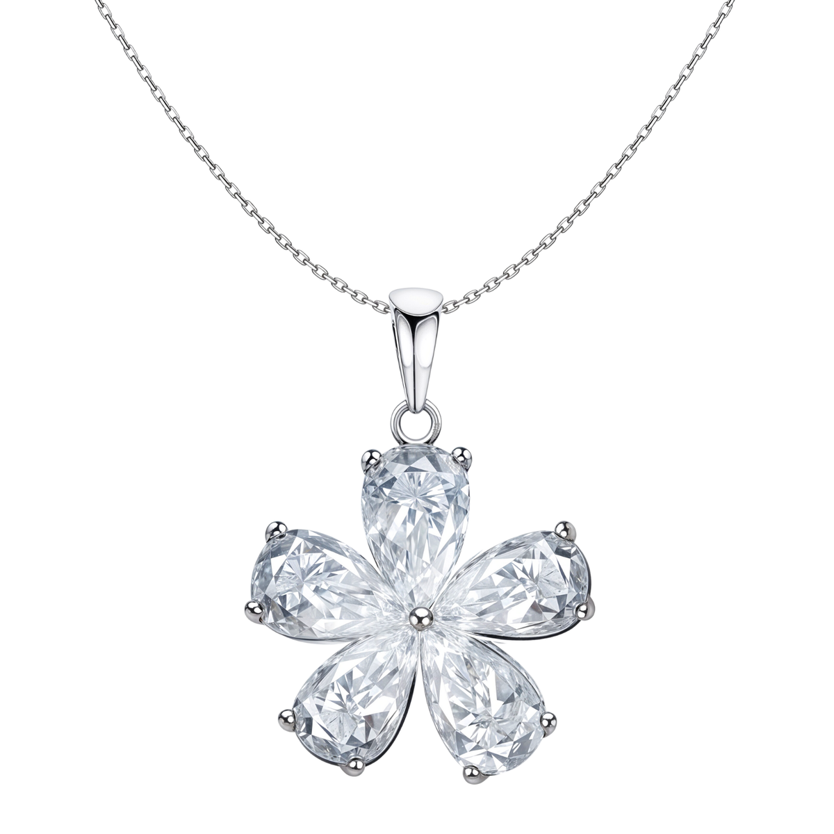 A sterling silver pendant necklace with a five-petal plumeria flower made of pear-cut American diamonds on a plain white background.