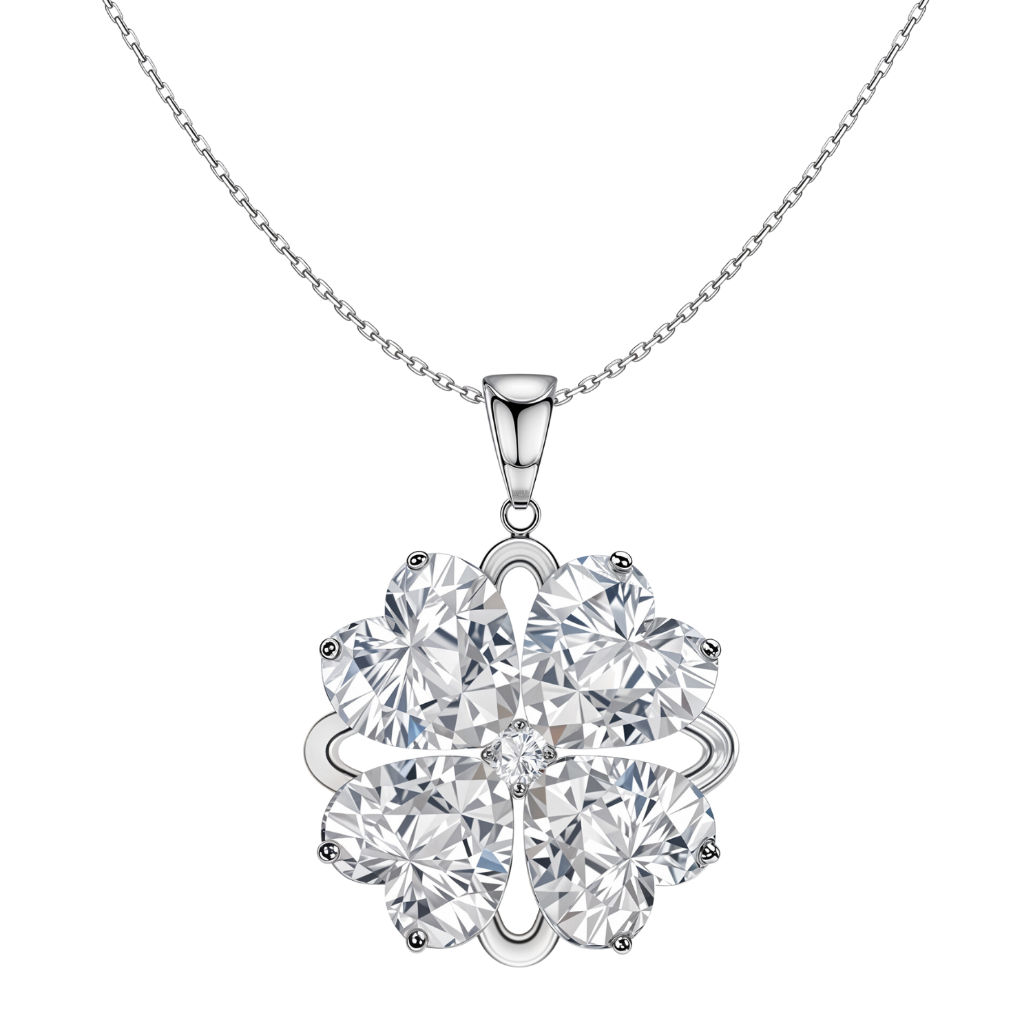 A sterling silver pendant necklace with a four-leaf clover motif made of four heart-shaped American diamonds on a white background.