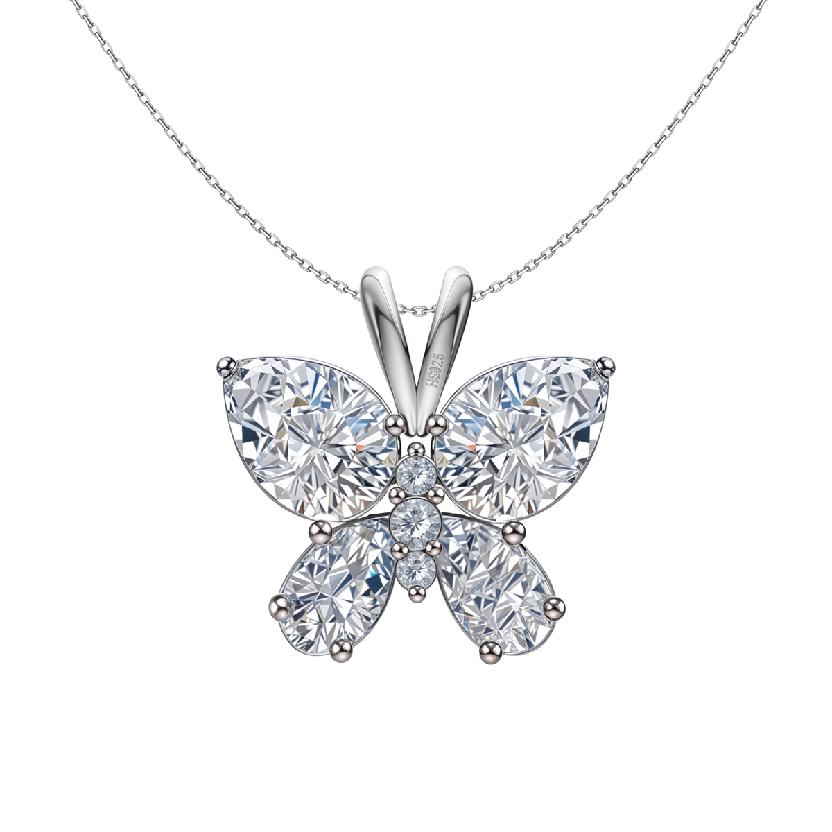A sterling silver pendant necklace with a butterfly motif made of marquise and round-cut American diamonds on a plain white background.