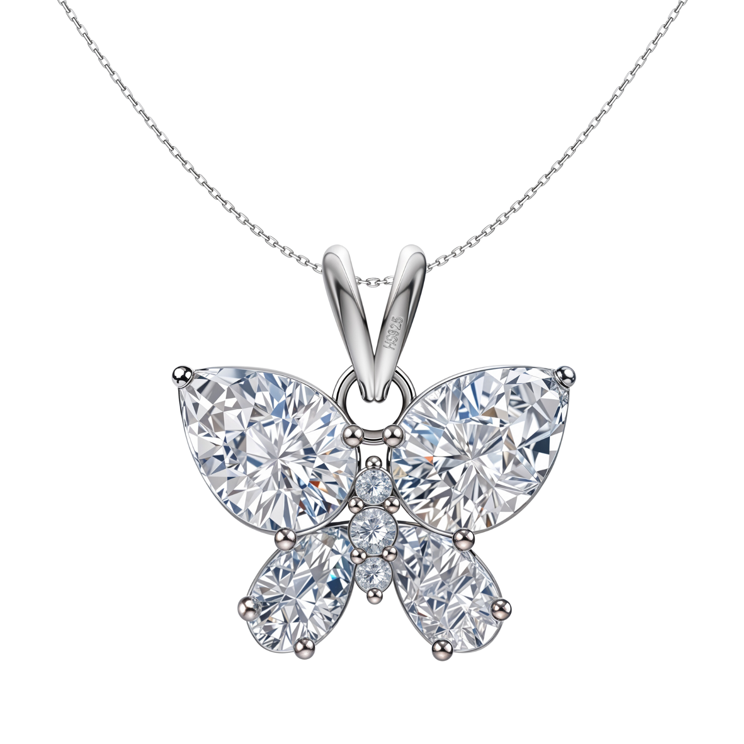 A sterling silver pendant necklace with a butterfly motif made of pear and round-cut American diamonds on a plain white background.