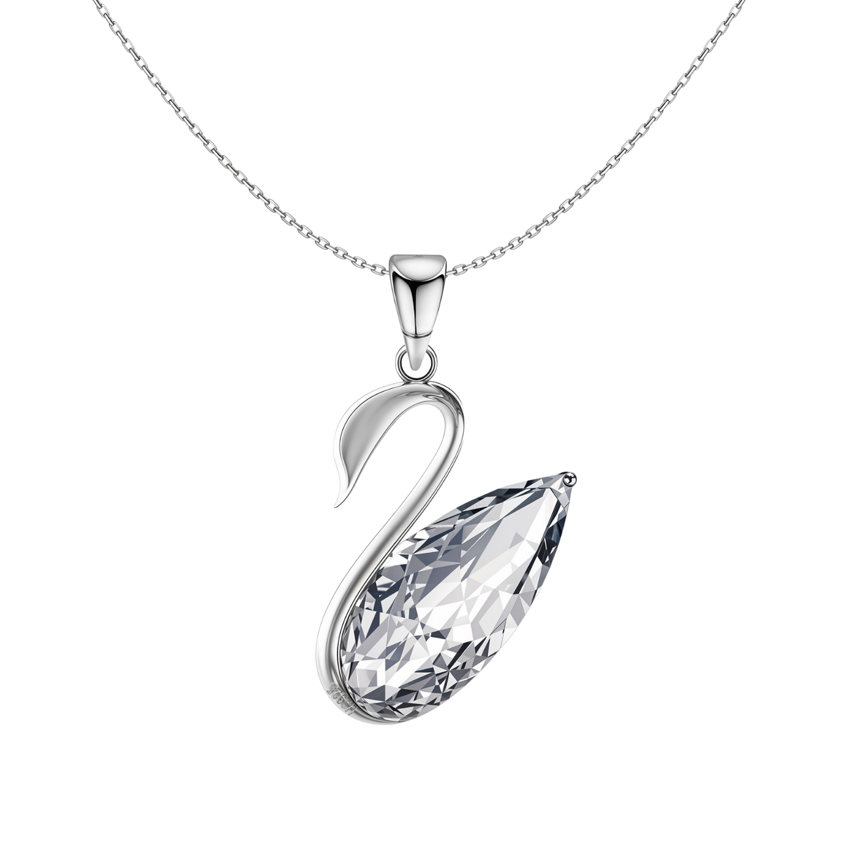 A sterling silver pendant necklace with a swan motif featuring a large, pear-cut American diamond solitaire on a plain white background.