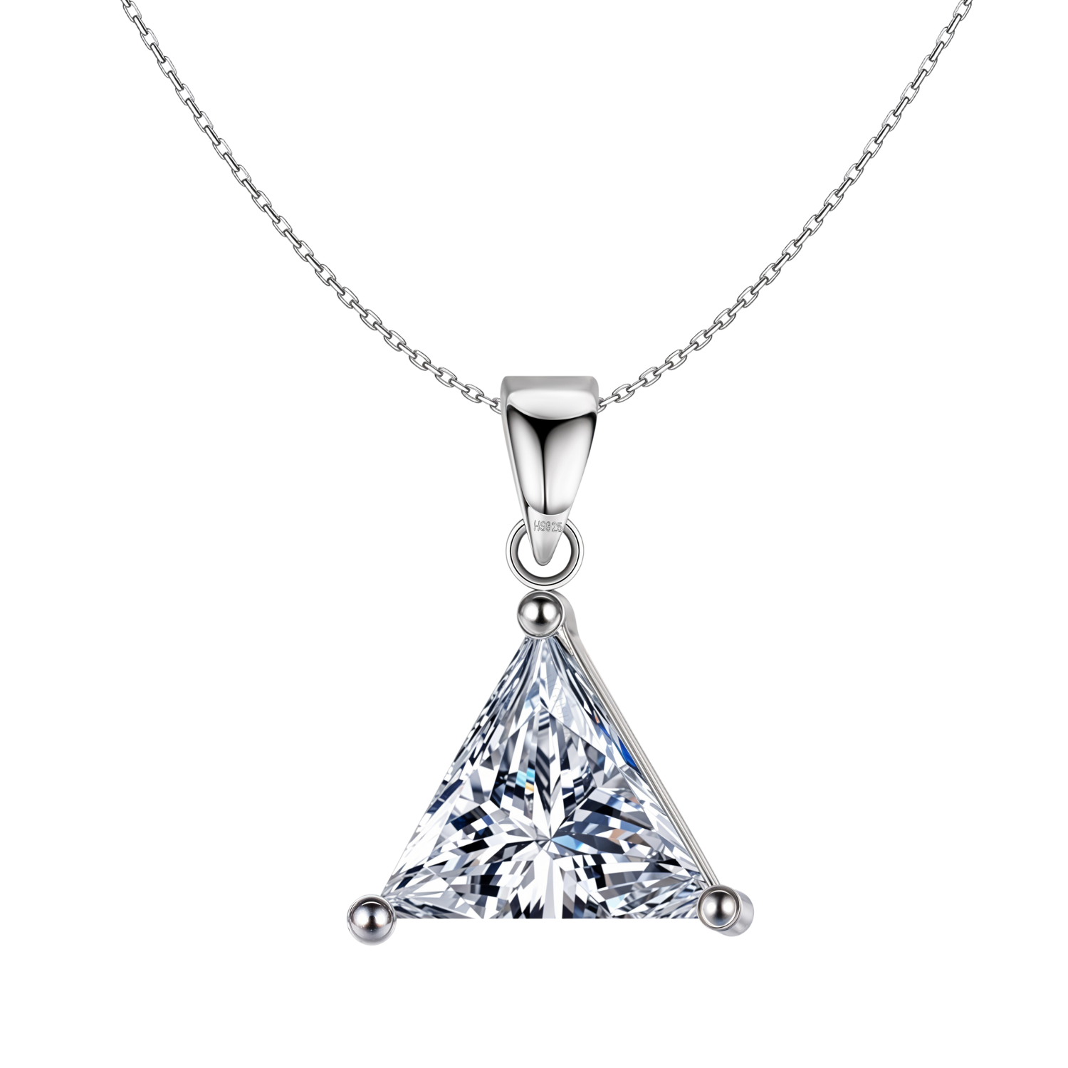 A sterling silver pendant necklace with a large, triangle-cut American diamond in a three-prong setting on a plain white background.