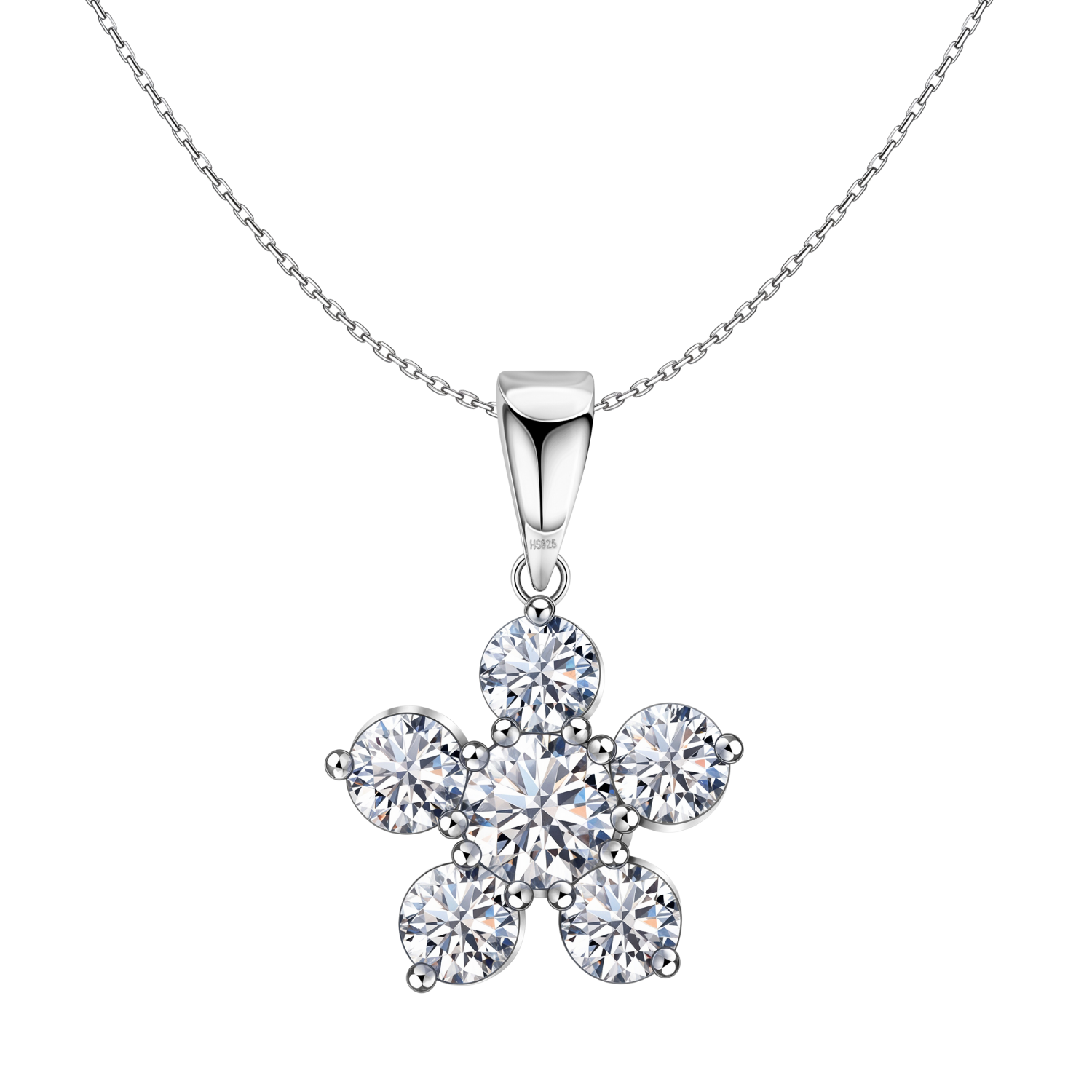 A sterling silver pendant necklace with a five-petal flower cluster made of prong-set round American diamonds on a white background.