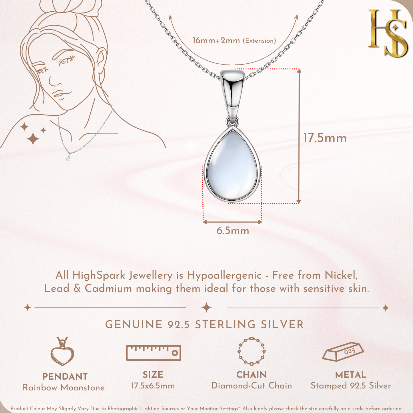 Teardrop Rainbow Moonstone Pendant in 92.5 Sterling Silver For Women