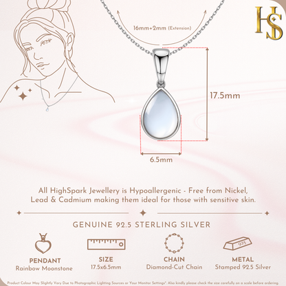 Teardrop Rainbow Moonstone Pendant in 92.5 Sterling Silver For Women