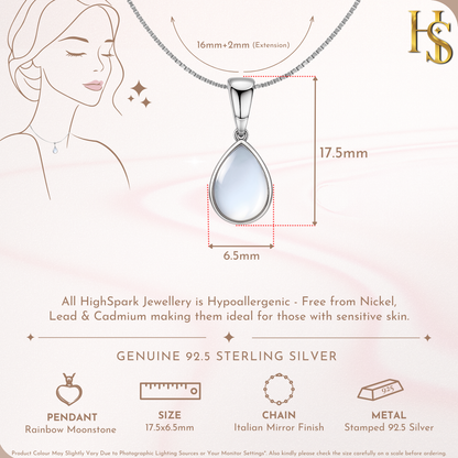 Teardrop Rainbow Moonstone Pendant in 92.5 Sterling Silver For Women