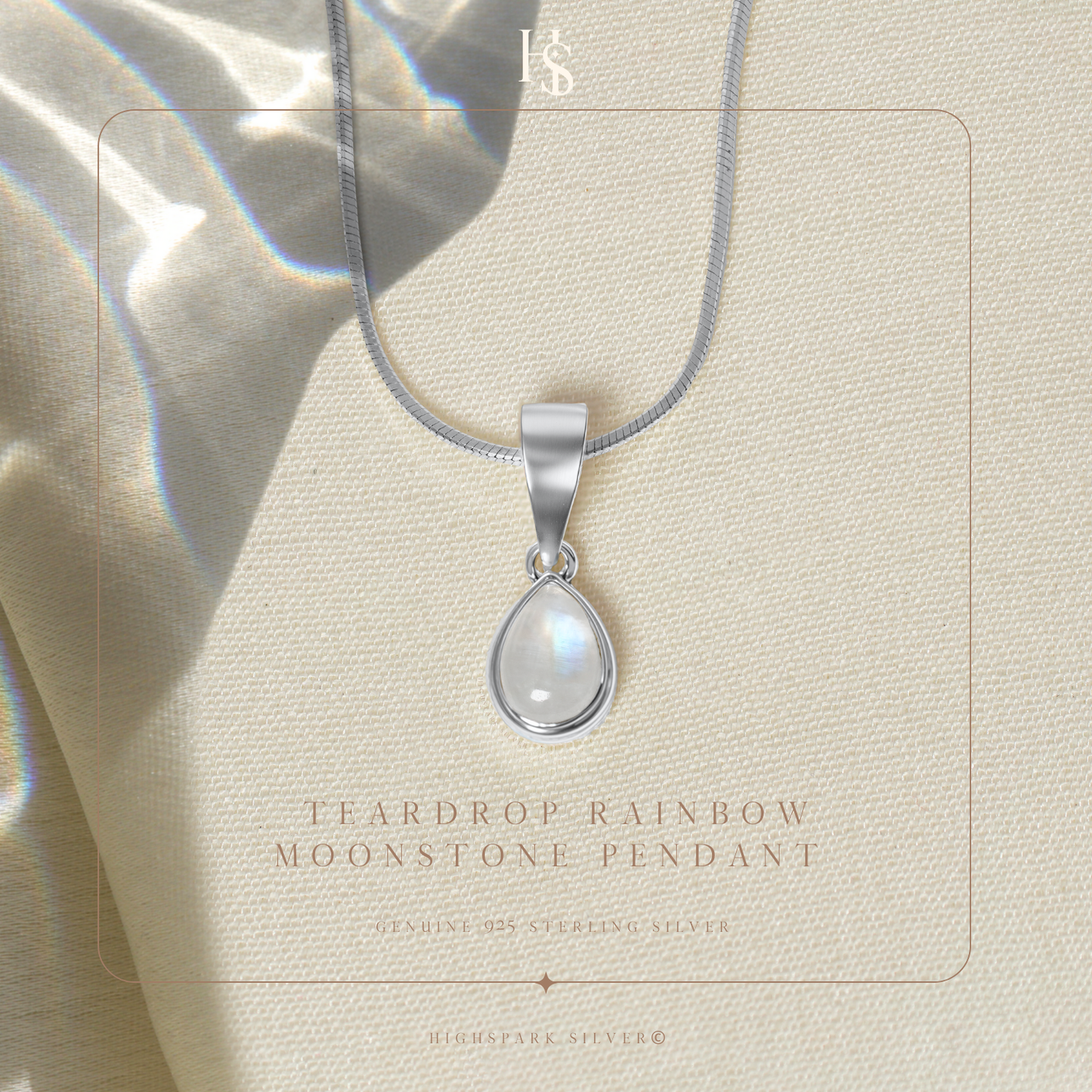 Teardrop Rainbow Moonstone Pendant in 92.5 Sterling Silver For Women