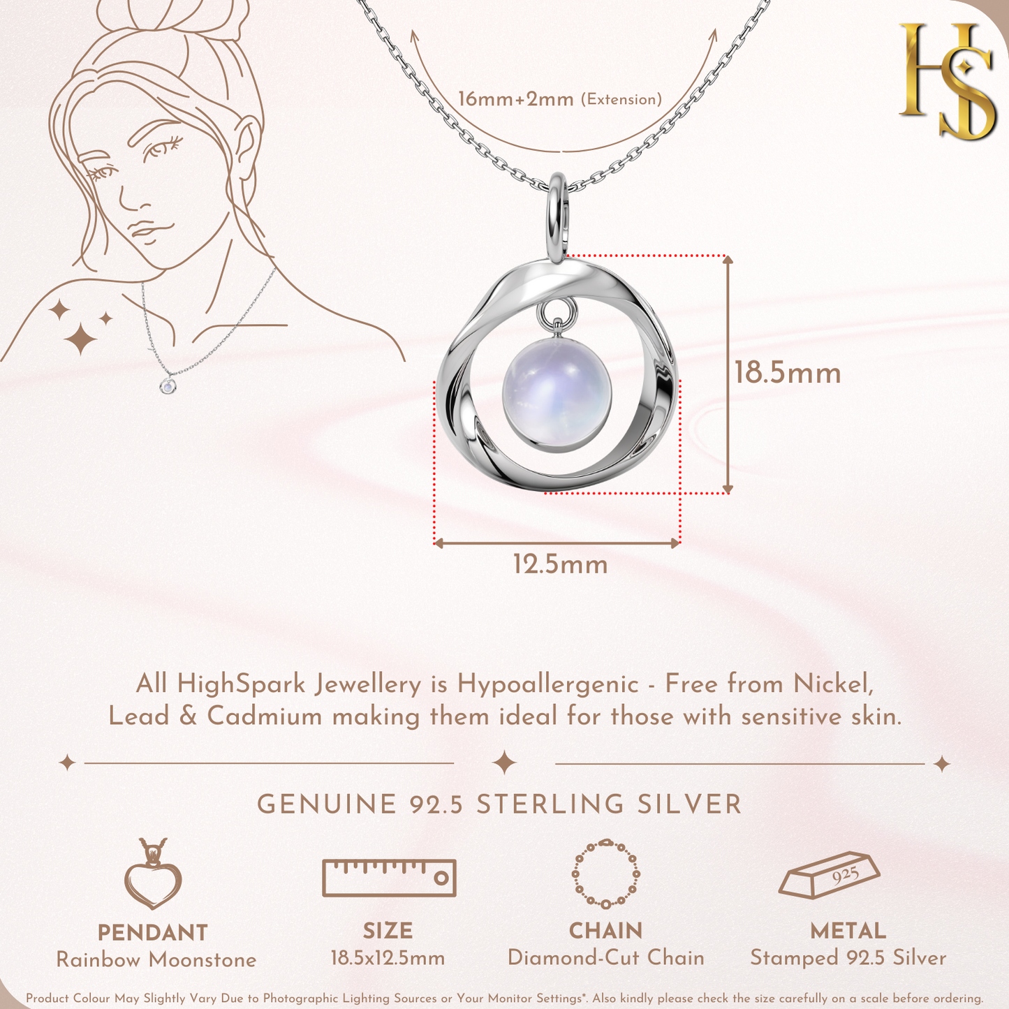 Rainbow Moonstone Infinite Mobius Pendant in 92.5 Sterling Silver For Women