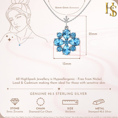 Glacial Glitter Blue Snowflake Solitaire Pendant With Chain in 925 Sterling Silver For Women