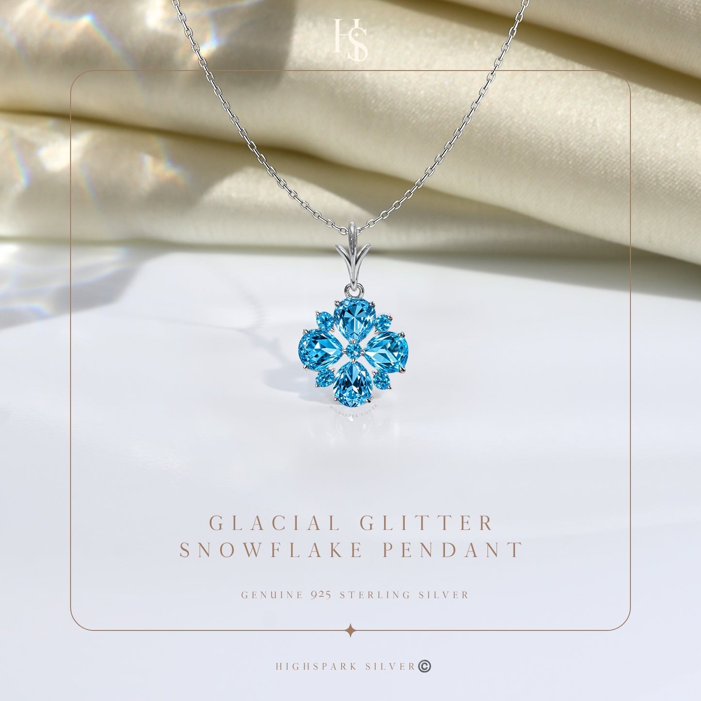 Glacial Glitter Blue Snowflake Solitaire Pendant With Chain in 925 Sterling Silver For Women