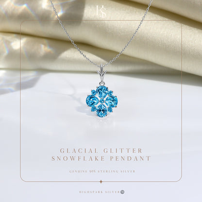 Glacial Glitter Blue Snowflake Solitaire Pendant With Chain in 925 Sterling Silver For Women