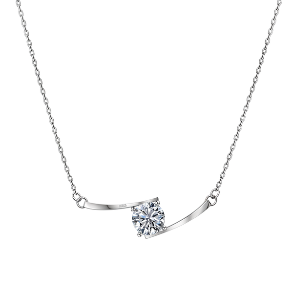 A sterling silver pendant necklace with a round solitaire American diamond held in a tension setting on a curved bar.