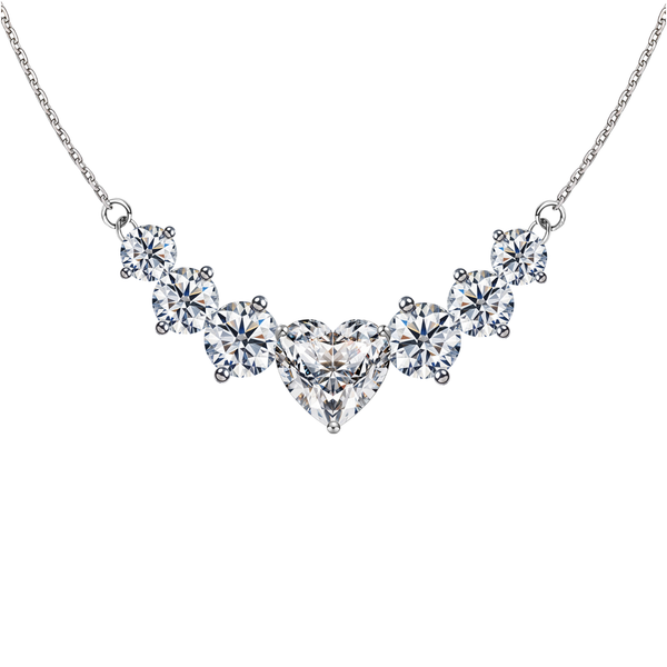 A sterling silver necklace with a central heart-shaped American diamond and six graduated round stones in a curved prong setting.