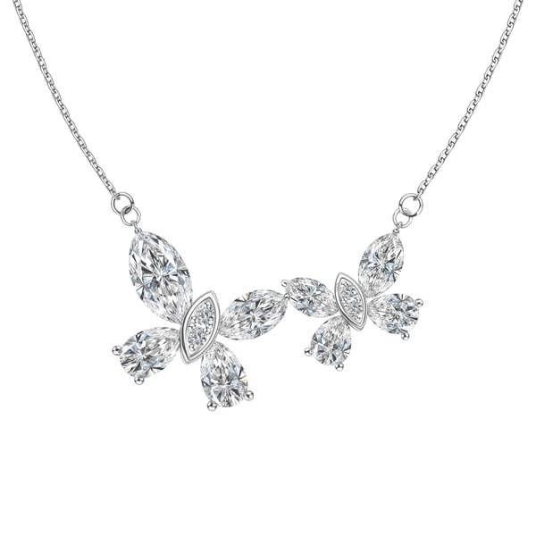 A sterling silver necklace with two butterfly motifs made from marquise and pear-cut American diamonds on a plain white background.