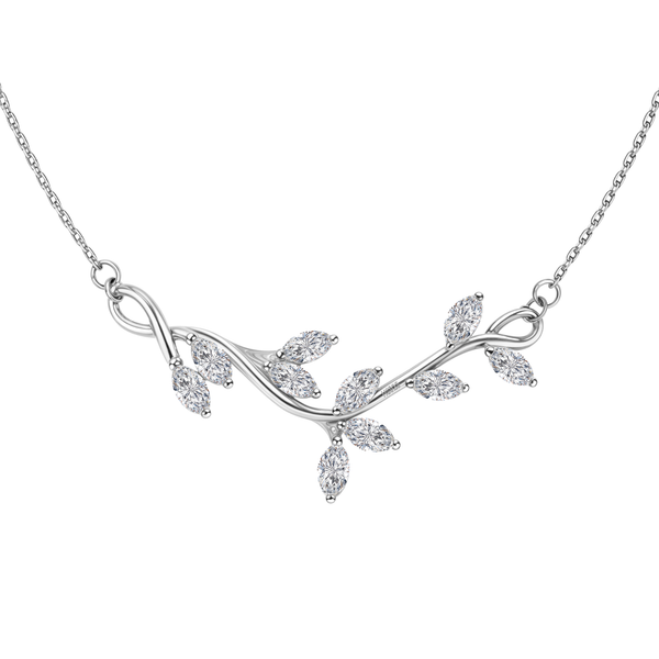A sterling silver pendant necklace with a curved vine motif featuring marquise-cut American diamonds as leaves, on a plain white background.