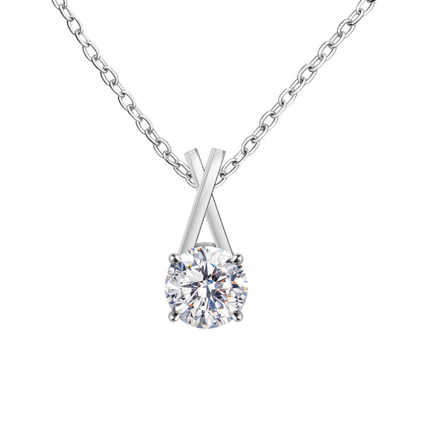 A sterling silver pendant necklace with a criss-cross bail holding a round American diamond in a four-prong setting on a white background.