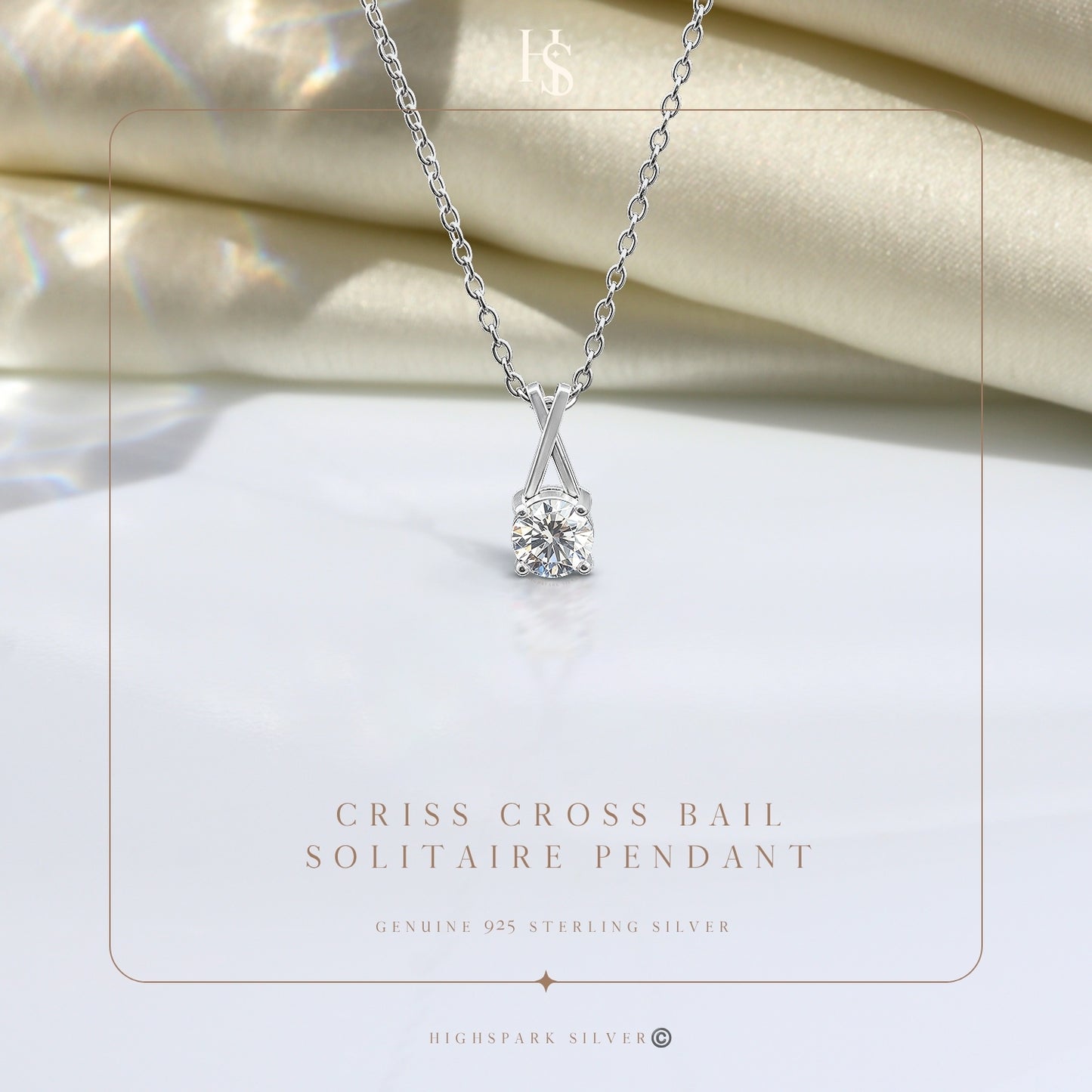 Criss Cross Bail Solitaire Pendant With Chain in 925 Sterling Silver For Women