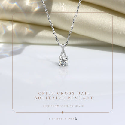Criss Cross Bail Solitaire Pendant With Chain in 925 Sterling Silver For Women