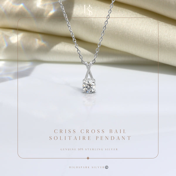 Criss Cross Bail Solitaire Pendant With Chain in 925 Sterling Silver For Women