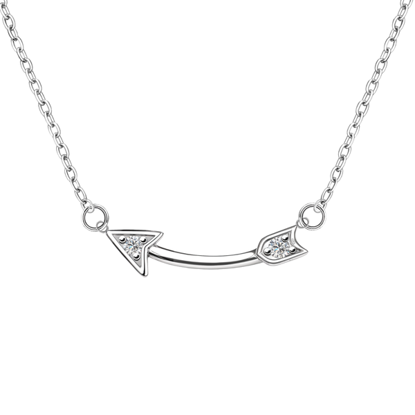 A sterling silver pendant necklace with a curved Cupid's arrow motif featuring two bezel-set American diamonds on a plain white background.