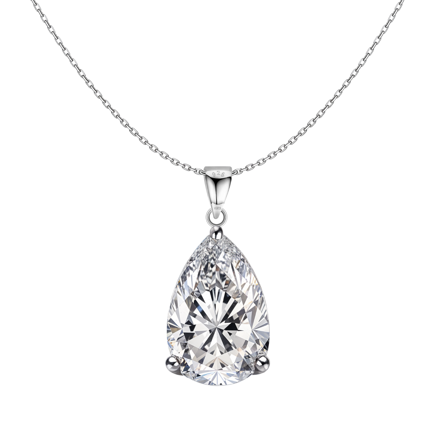 A solitaire pendant necklace with a large, pear-shaped American diamond in a three-prong setting on a sterling silver chain.