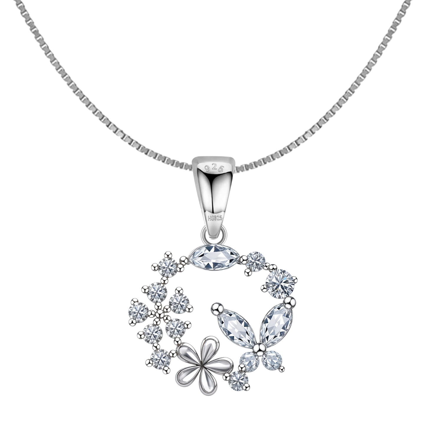 Butterfly Flower Wreath Solitaire Pendant in 92.5 Sterling Silver With Diamond like Brilliance Sparkling Zirconia