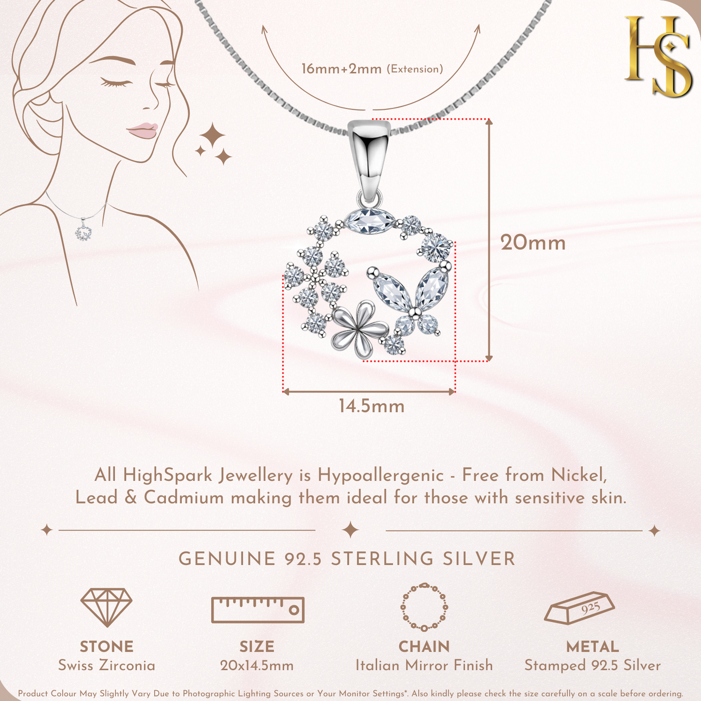 Butterfly Flower Wreath Solitaire Pendant in 92.5 Sterling Silver With Diamond like Brilliance Sparkling Zirconia