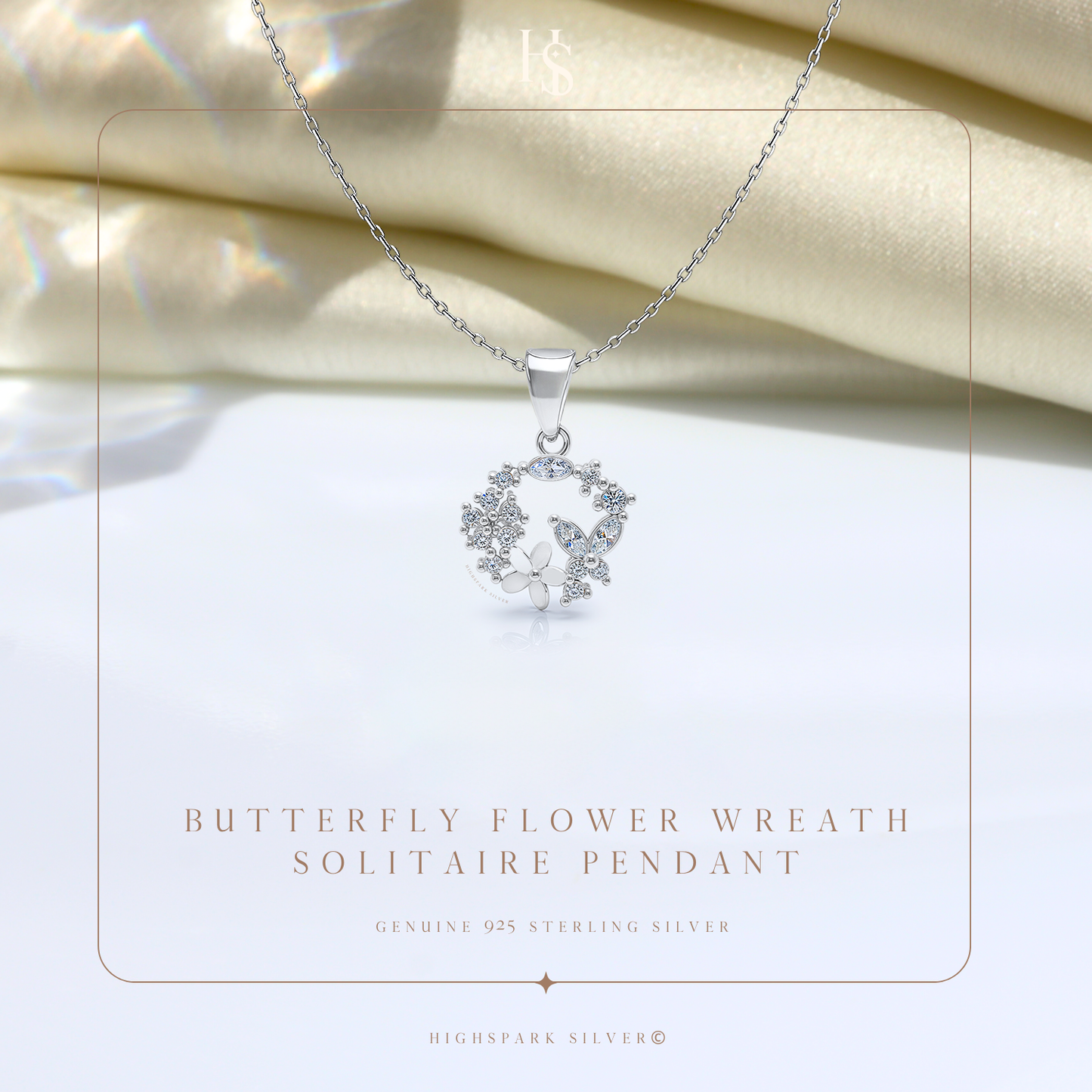 Butterfly Flower Wreath Solitaire Pendant in 92.5 Sterling Silver With Diamond like Brilliance Sparkling Zirconia