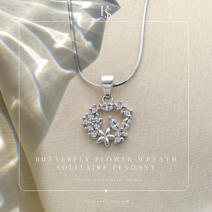 Butterfly Flower Wreath Solitaire Pendant in 92.5 Sterling Silver With Diamond like Brilliance Sparkling Zirconia