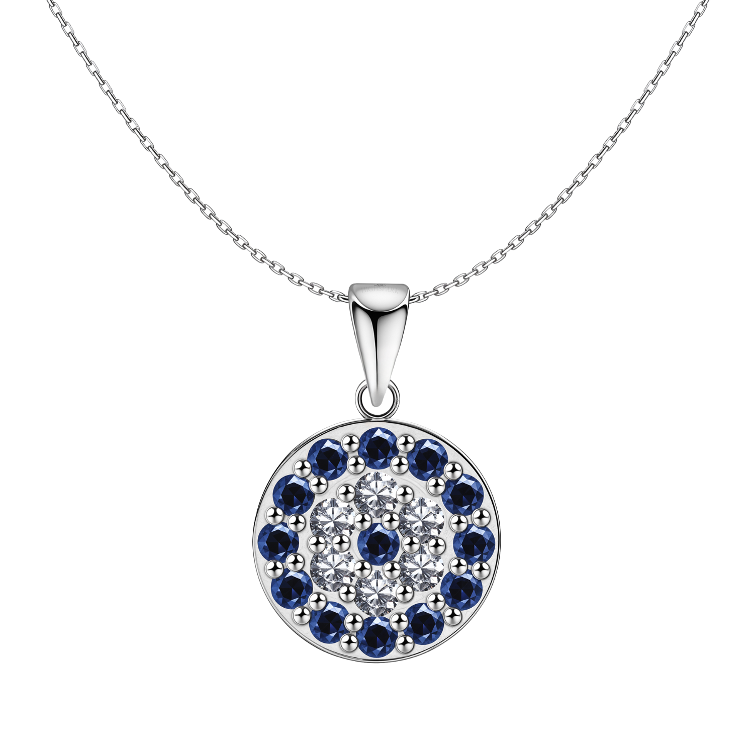 A sterling silver pendant necklace with a round evil eye motif, featuring concentric circles of dark blue and clear American diamonds.