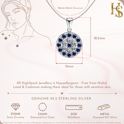 Dark Blue Sparkling Evil Eye Pendant With Chain in 925 Sterling Silver For Women