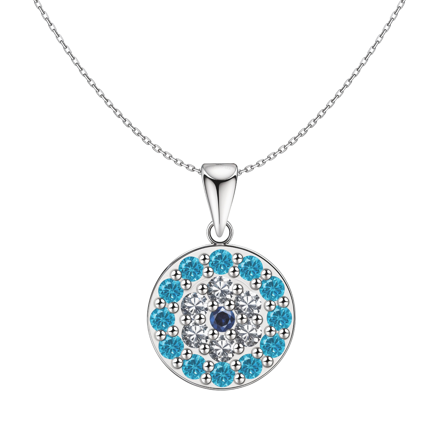 A sterling silver evil eye pendant necklace with a central blue stone, a halo of American diamonds, and an outer ring of light blue stones.