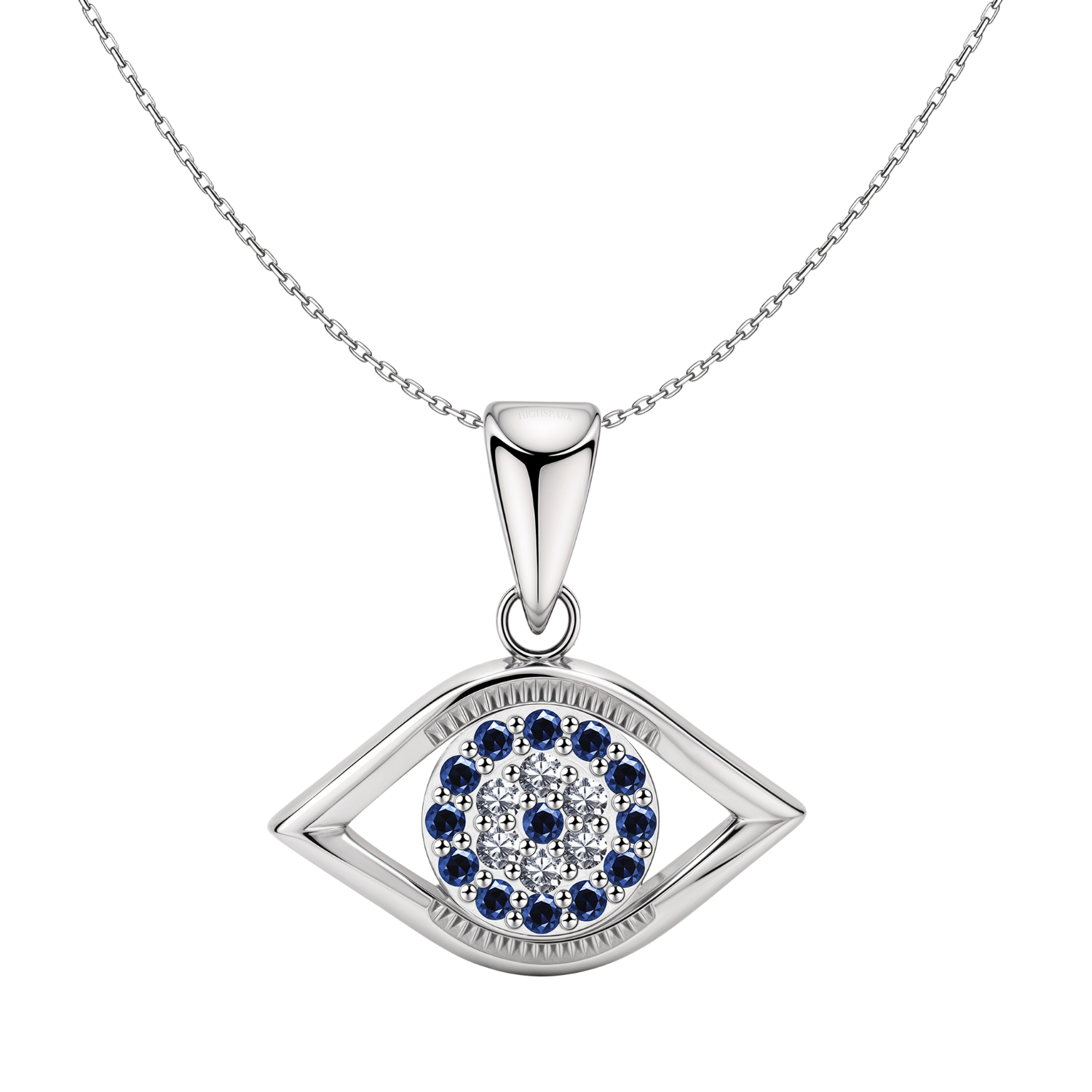 An evil eye pendant necklace with a central cluster of American diamonds and sapphire-blue stones in sterling silver on a white background.