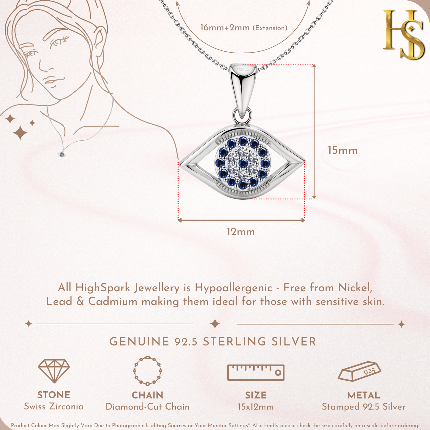 Enchanting Evil Eye Stud Pendant With Chain in 925 Sterling Silver For Women