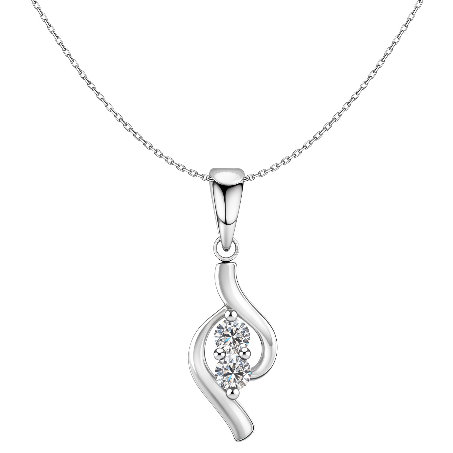 A sterling silver pendant necklace with a swirling ribbon design holding two round American diamonds, shown on a plain white background.