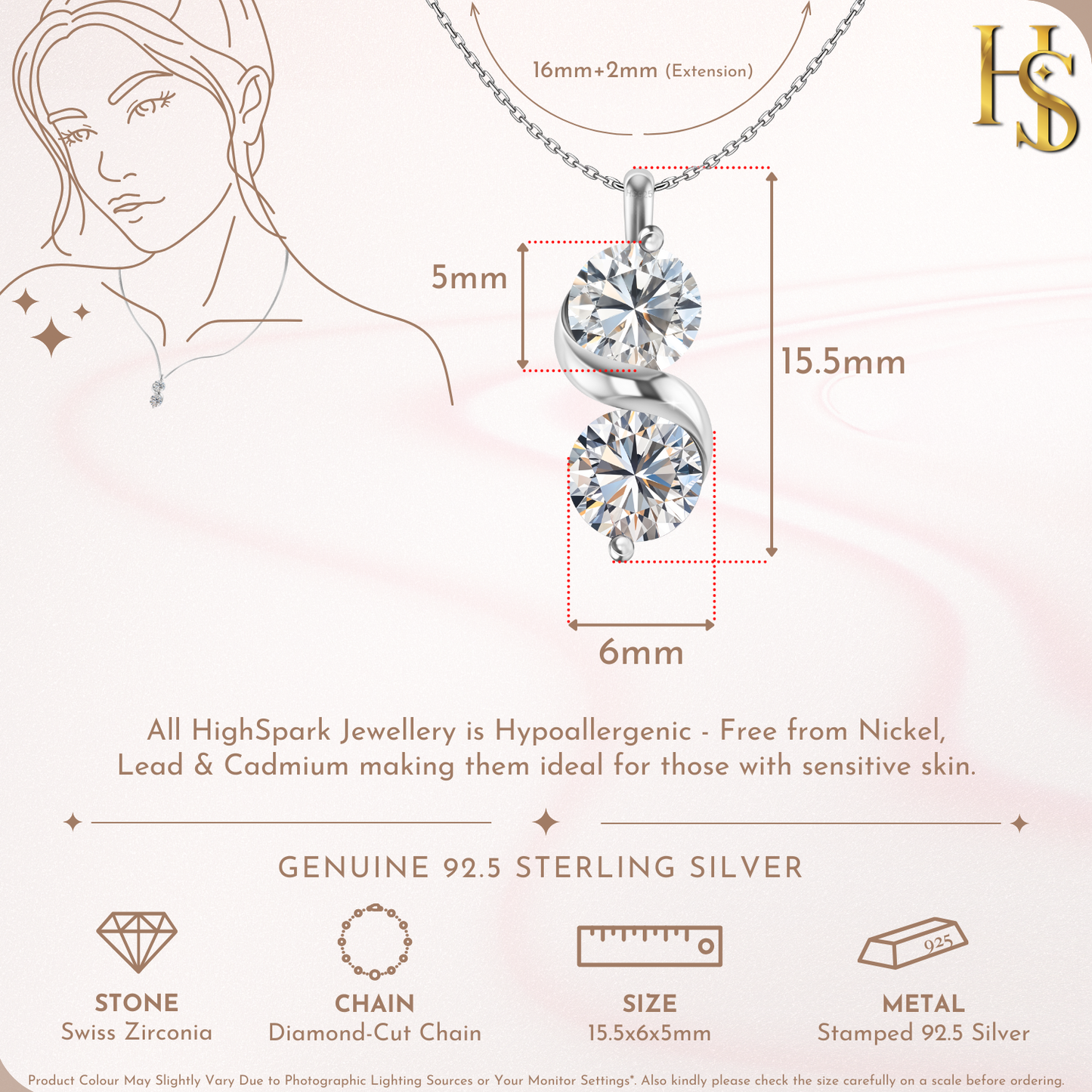 Twin Radiance Solitaire Pendant With Chain in 925 Sterling Silver For Women