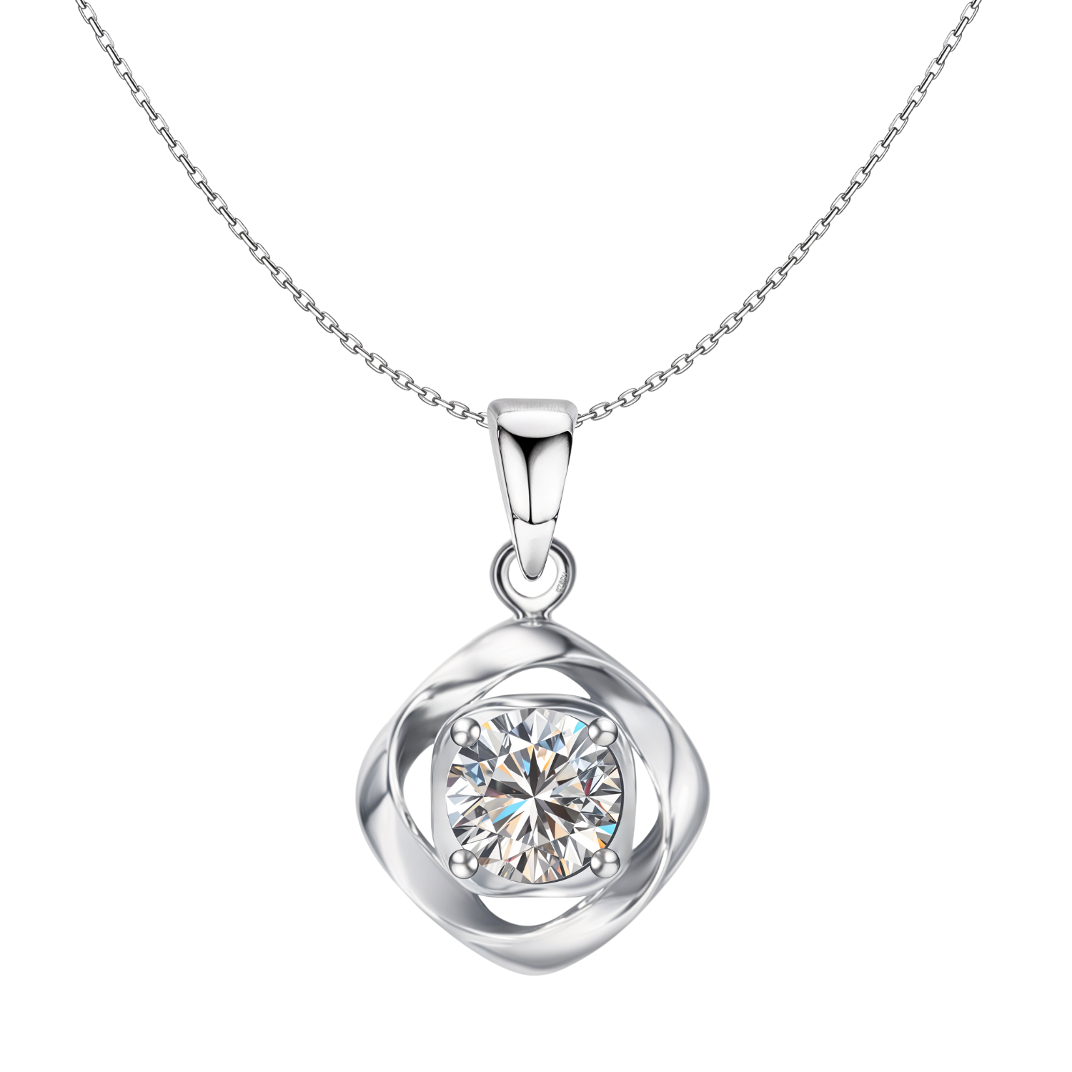 A sterling silver pendant necklace with a round American diamond in a four-prong setting inside a swirling Mobius-style frame.