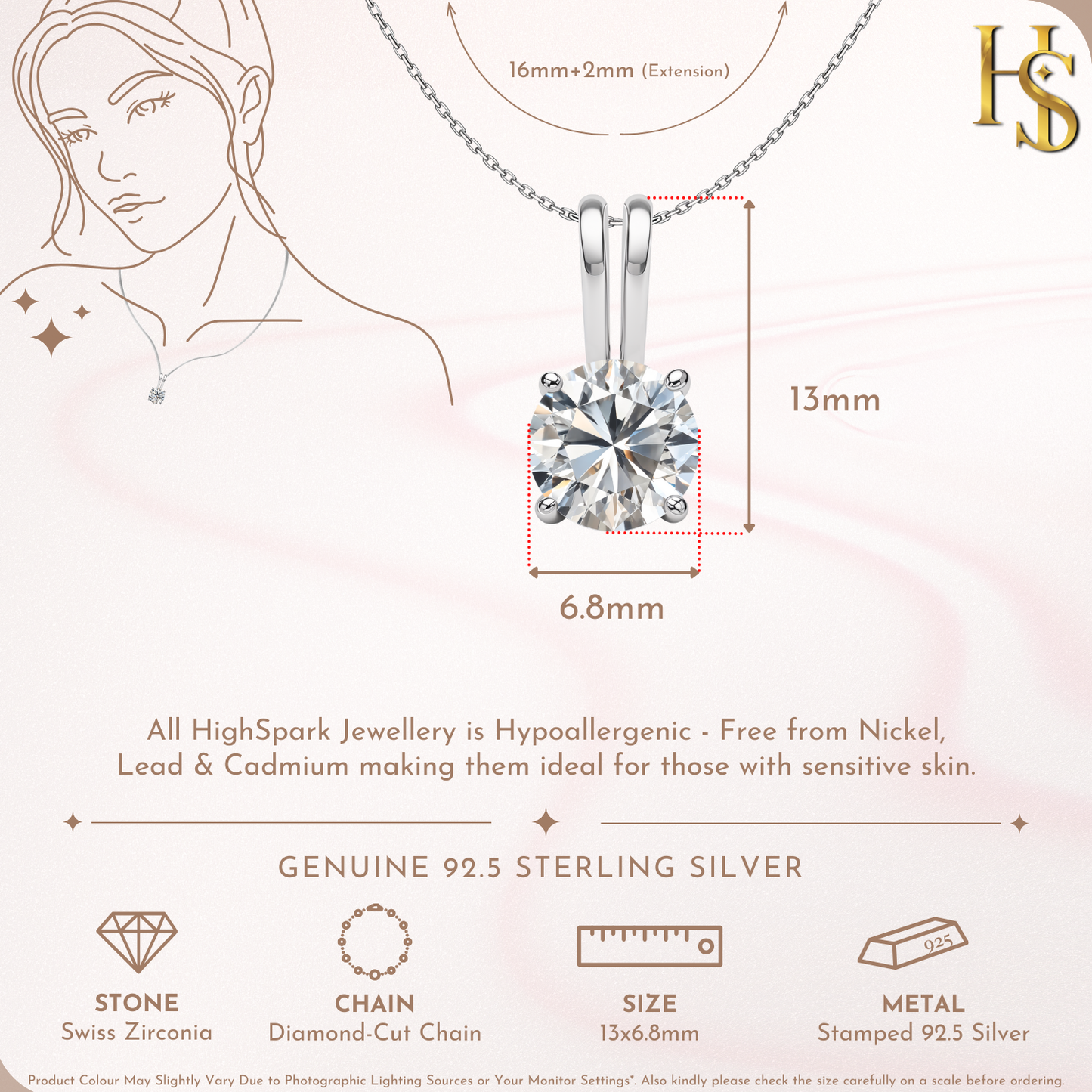 Modern Solitaire Pendant With Chain in 925 Sterling Silver For Women