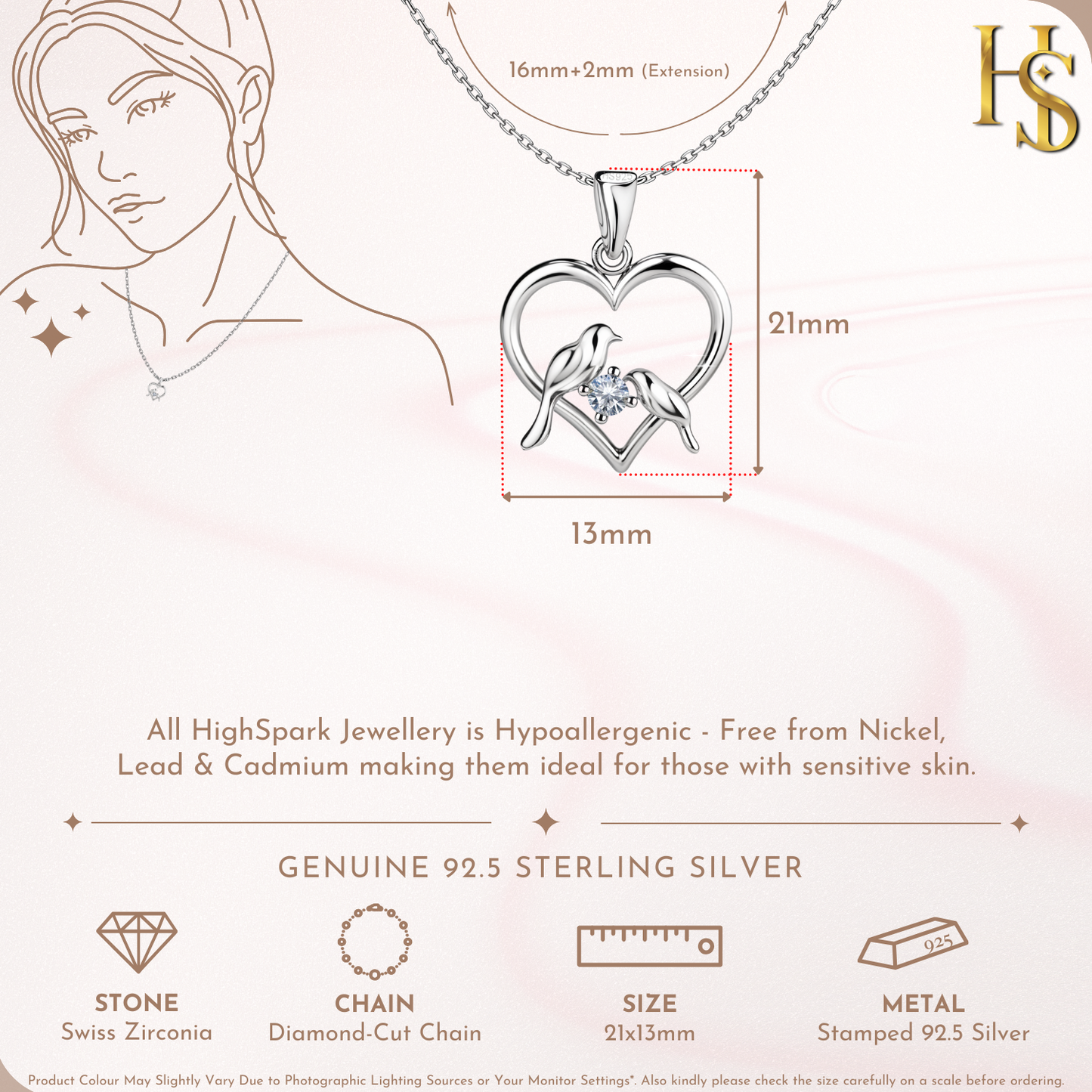 Lovebird Heart pendant in 925 Sterling Silver For Women