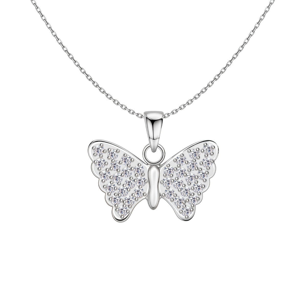 A sterling silver pendant necklace with a butterfly motif, its wings studded with round American diamonds, on a plain white background.